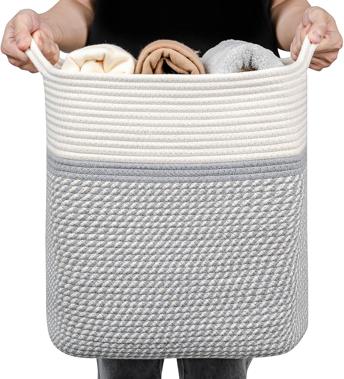 Medium and Large Woven Basket//With Handle, Used for Toys and Fabric Storage Basket used for Storing xl Storage Box, Decorative Storage Box Room (14L*15.7H TWhite/Gray, 14L*10W*15.7H)