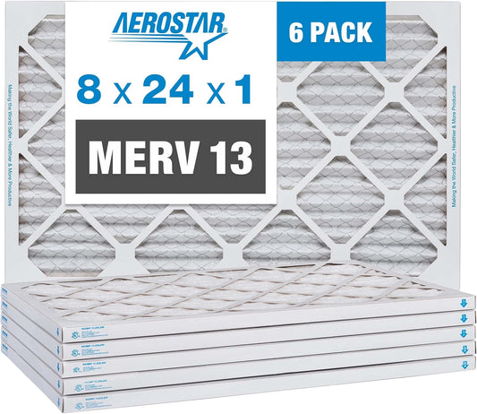 Aerostar 8x24x1 MERV 13 Pleated Air Filter, AC Furnace Air Filter, 6 Pack (Actual Size: 8" x 24" x 1")