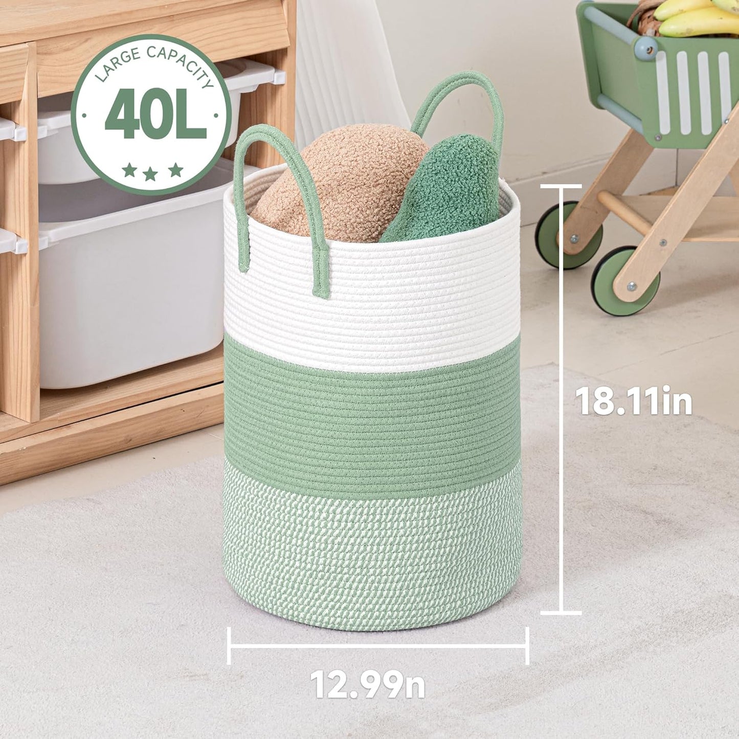 CLHMILY&Z 40L Laundry Basket Round Storage Rope Basket - 13x18 Inches - Green Hamper in Bedreoom and Cute Storage Bin for Blankets, Toys, and Nursery Essentials