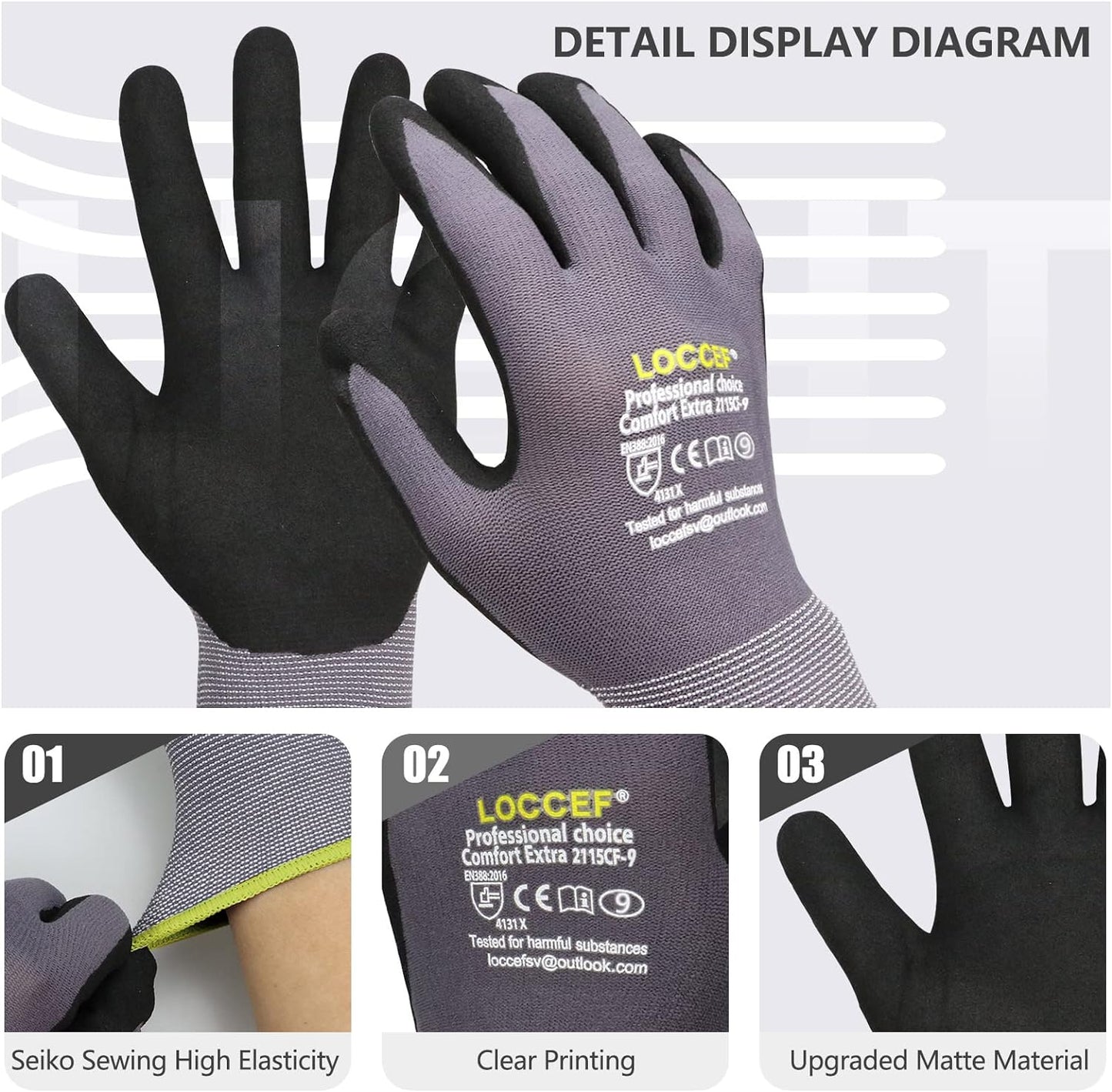 LOCCEF Work Gloves MicroFoam Nitrile Coated-6 Pairs,Seamless Knit Nylon Gloves,Gray Work gloves