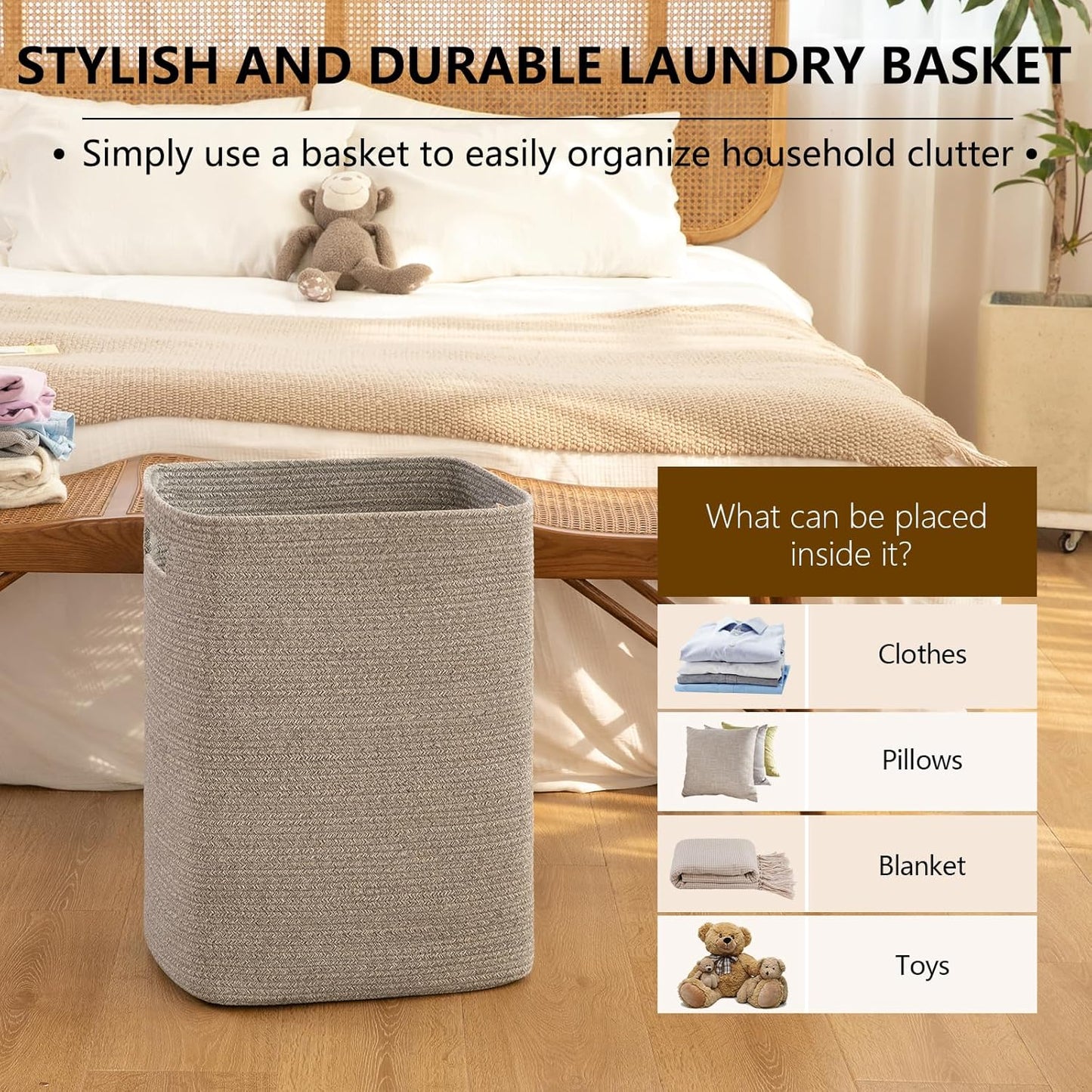 OIAHOMY Laundry Hamper, Laundry Basket，Rectangle Cotton Storage Basket with Handles, Large Blanket Basket for Living room, Woven Decorative Storage for Toys,Clothes,Pillows-16x13x22in-Grey variegated