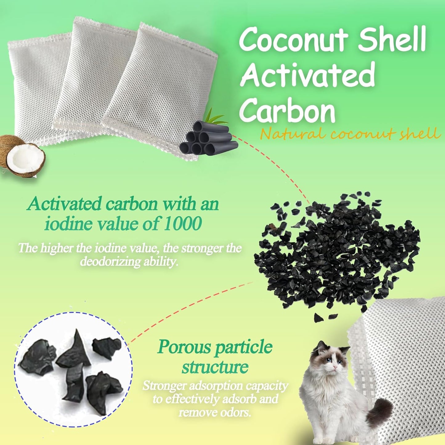 Activated Charcoal Odor Absorber Bags Compatible with OKSOTY Stainless Steel Cat Litter Box, Natural Coconut shell Charcoal Bags, Absorb Odors/Control Damp from Pets/Keep Home Fresh（6PCS）