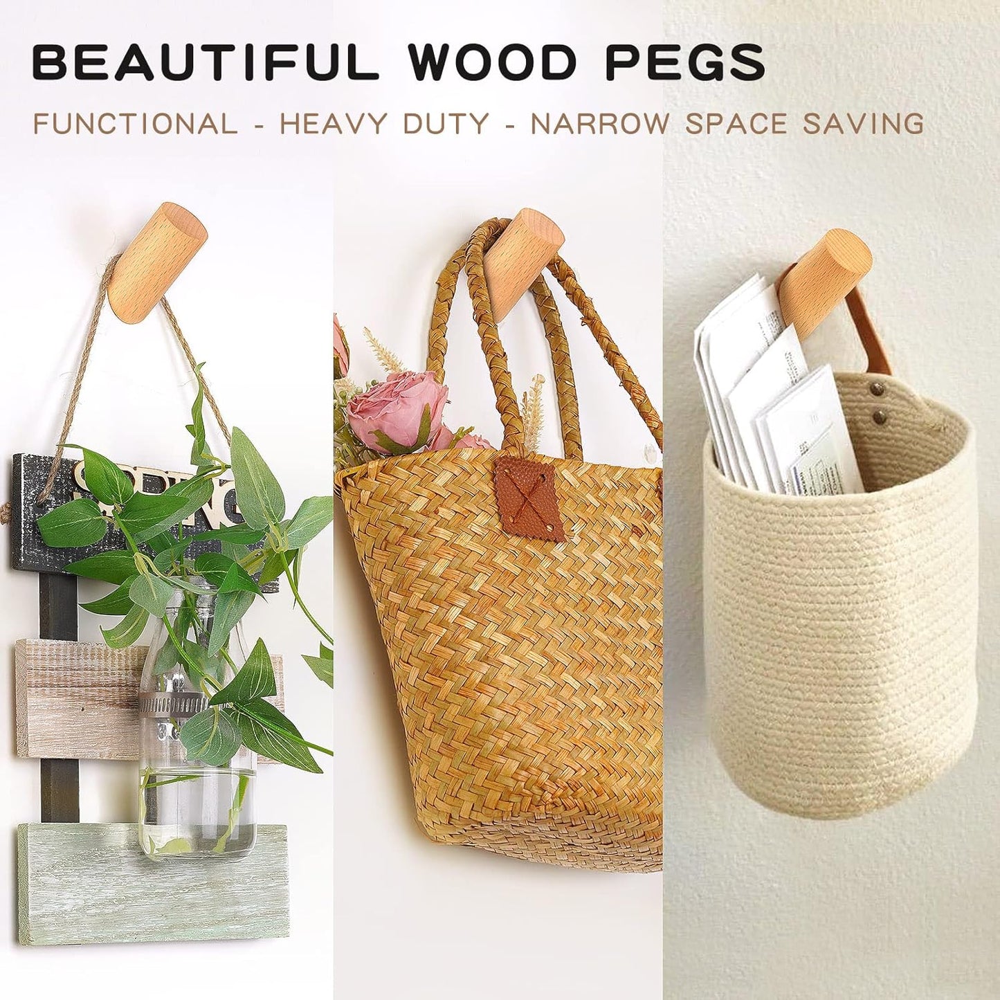 Wood Wall Hooks, 6 Pack Natural Wooden Coat Hooks Wall-Mounted, Rustic Heavy Duty Hook for Hanging Towels Coats Plants, Entryway Hat Hanger Wall Coat Rack (Beech Wood)