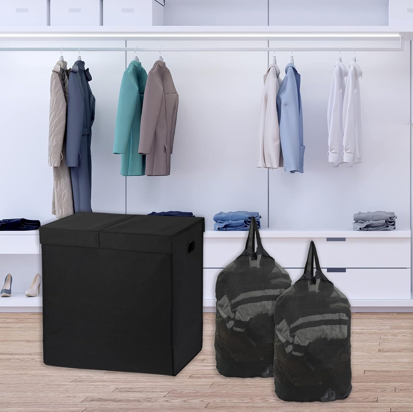 Simple Houseware Double Laundry Hamper with Lid and Removable Bags, Black