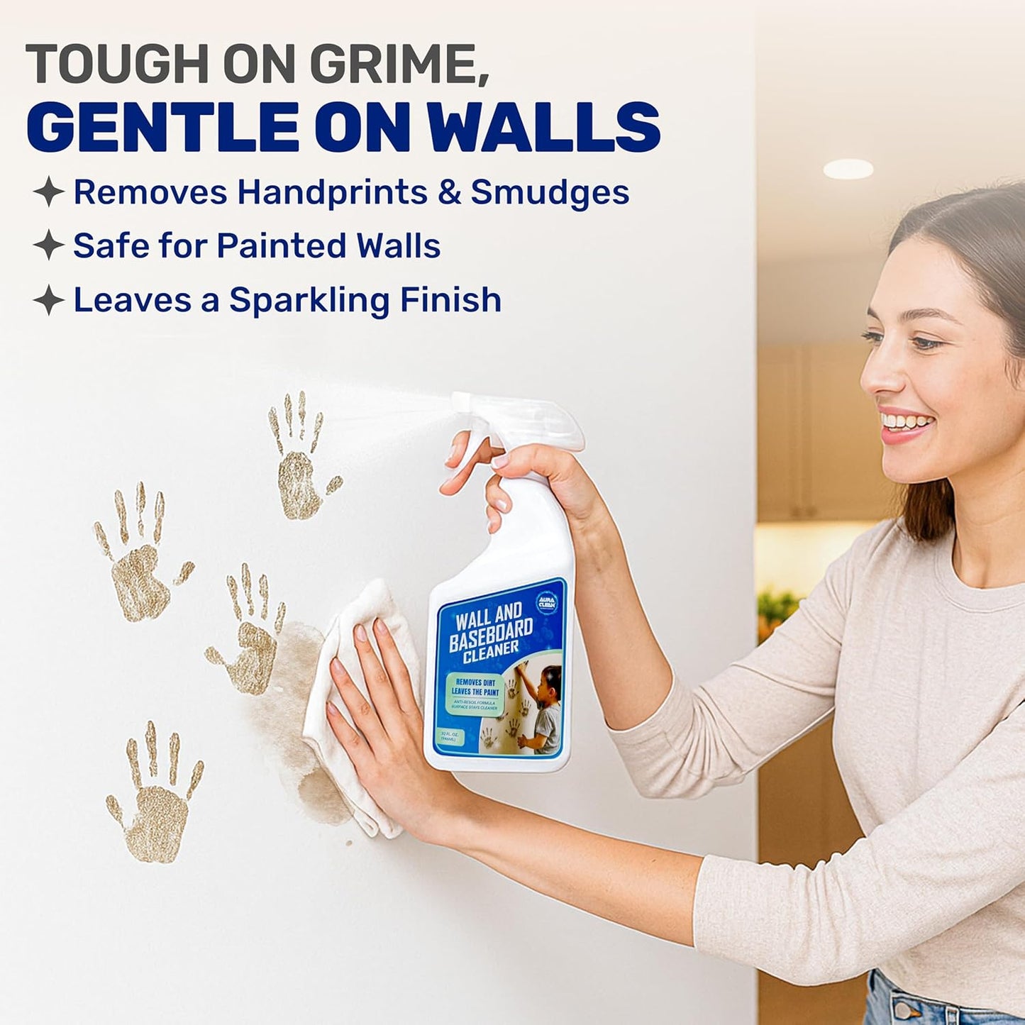 Wall & Baseboard Cleaner - Safe for Painted Walls & Trim | Eco-Friendly, No-Rinse, Kid & Pet-Safe | Anti-Resoil, Streak-Free Finish | Made in the USA | 32 oz Spray (1 Quart)