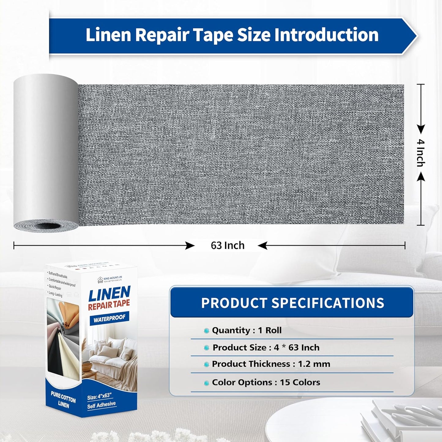 KING MOUNTAIN Linen Repair Patches, Self-Adhesive Fabric Patches, 4 X 63 inch Extra Size, Multi Color, Can be Used for Sofa Repair and Linen Clothes Repair (Charcoal Grey1.0)