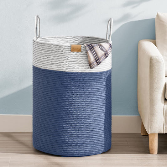 Laundry Hamper 75L,Large Laundry Basket for Clothes,Decorative Storage Basket for Blankets,Cotton Rope Woven basket for bedroom,Navy Blue