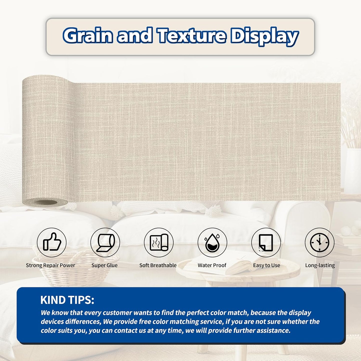 KING MOUNTAIN Linen Repair Patches, Self-Adhesive Linen Fabric Patches, 4 X 63 inch Extra Size, Multi Color, Can be Used for Linen Sofa Repair and Linen Clothes Repair (Cream-Gray2.0)