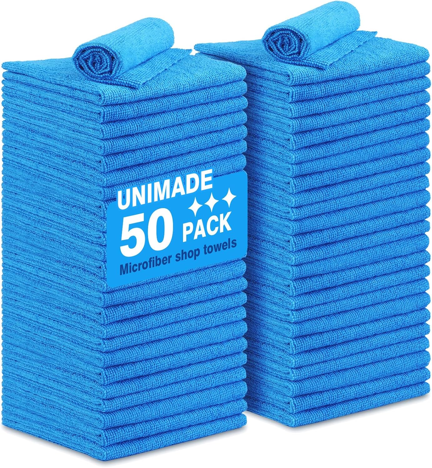Shop Towels Rags, 50 Pack Reusable Shop Rags Bulk Microfiber Cleaning Cloth Lint Free Cleaning Towels for Car Kitchen Automotive Bar Mechanic Restaurant Garage, 11.5"x 11.5", Blue
