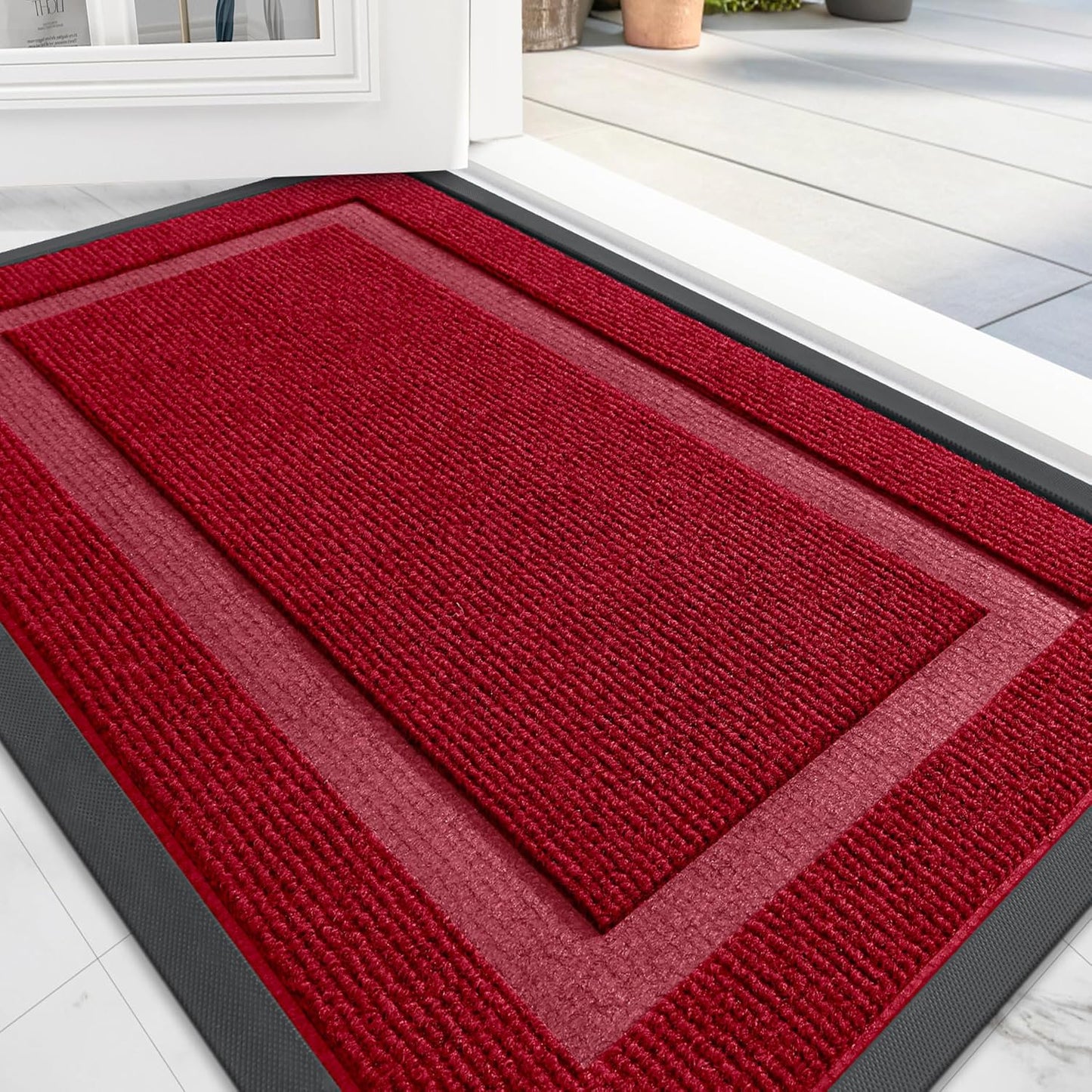 OLANLY Front Door Mat Indoor Outdoor Entrance, Waterproof All-Season, All-Weather Doormat, Sturdy Natural Rubber, Fade Resistant, Low Profile, Easy Clean Patio Porch Entryway Mat, 47x17, Wine Red
