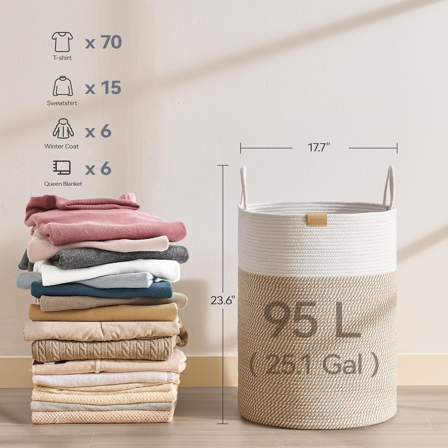 Laundry Hamper 95L,Large Laundry Basket for Clothes,Decorative Storage Basket for Blankets,Cotton Rope Woven basket for bedroom,Brown White