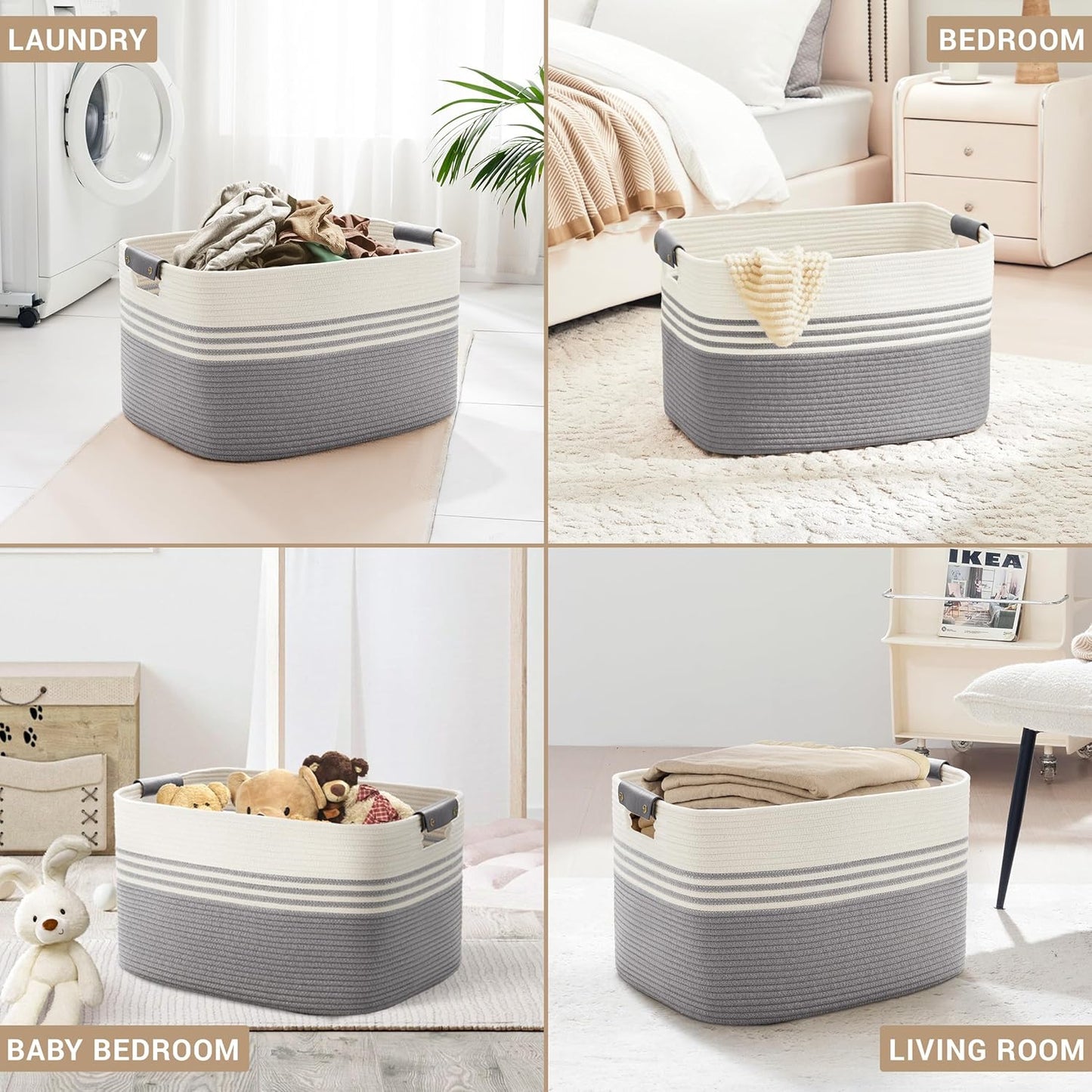 86L Extra Large Laundry Basket with Leather Handles for Living Room Storage, Woven Rope Baskets for Blanket, Kids Toy, Gifts, Wicker Hamper for Bedroom Dirty Clothes, 24"x16"x14" White Grey