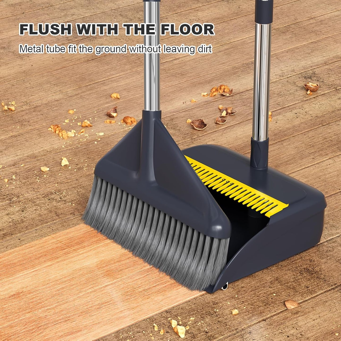 MOPUP Broom and Dustpan Set, 52 inch Long Adjustable Handle Broom with Dustpan Teeth to Self-Cleaning Clean Hair Suitable for Home Kitchen Office