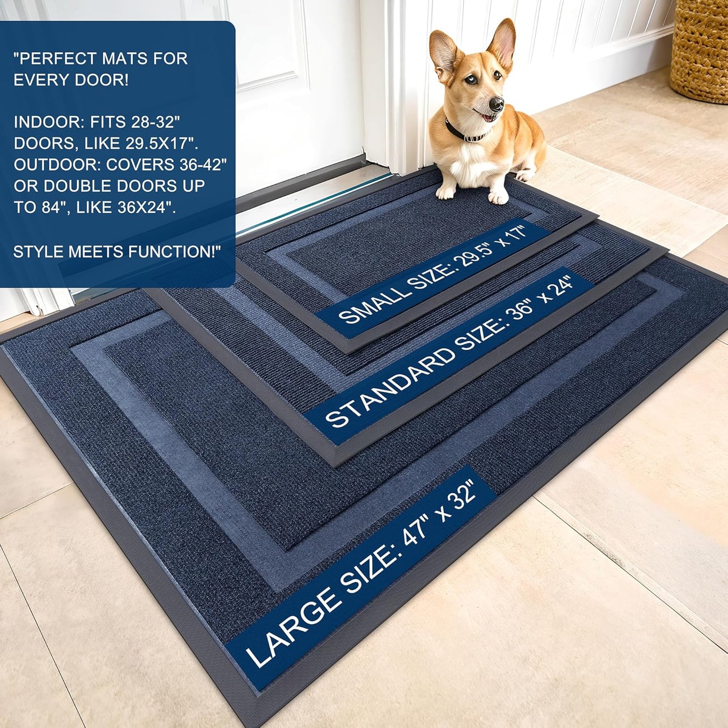 OLANLY Front Door Mat Indoor Outdoor Entrance, Waterproof All-Season, All-Weather Doormat, Sturdy Natural Rubber, Fade Resistant, Low Profile, Easy Clean Patio Porch Entryway Mat, 47x32, Blue
