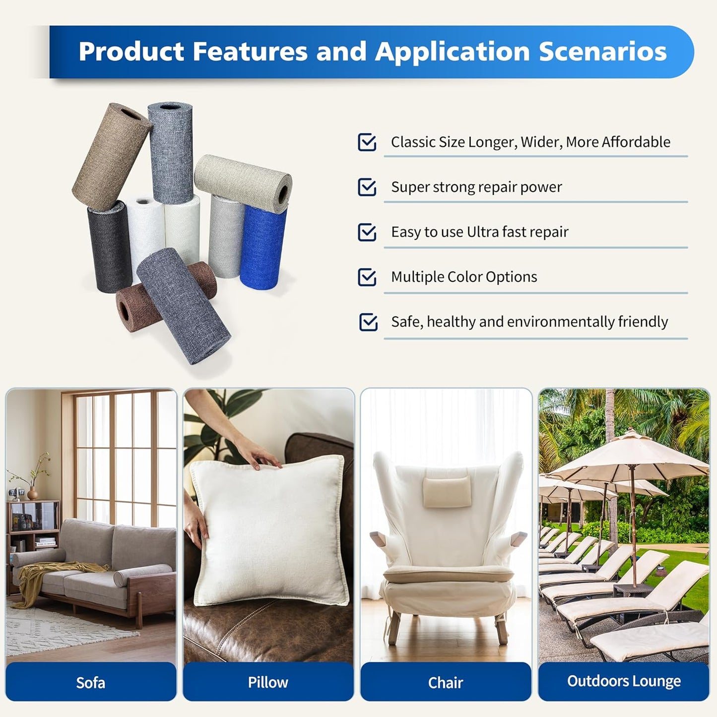 KING MOUNTAIN Linen Repair Patches, Self-Adhesive Fabric Patches, 4 X 63 inch Extra Size, Multi Color, Can be Used for Sofa Repair and Linen Clothes Repair (Black)