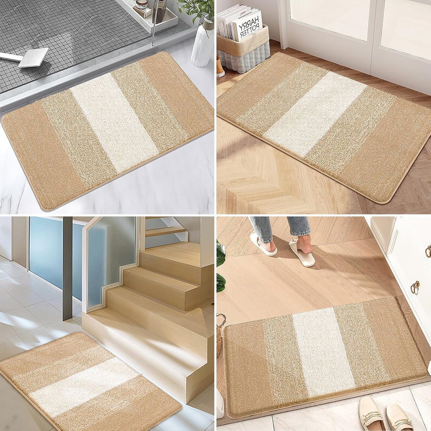 Kitinjoy Indoor Outdoor Door Mat, 48x30 Non-Slip Absorbent Dirt Trapper, Low-Profile Washable Inside Entrance Front Floor Mat, Sturdy Soft Entry Doormats for Entryway, Beige