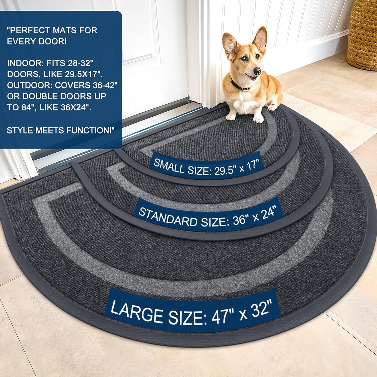 OLANLY Half Circle Door Mat Indoor Outdoor Entrance Welcome, Waterproof All-Season, All-Weather Doormat, Sturdy Natural Rubber, Low Profile, Easy Clean Patio Porch Entryway Mat, 47x23, Grey