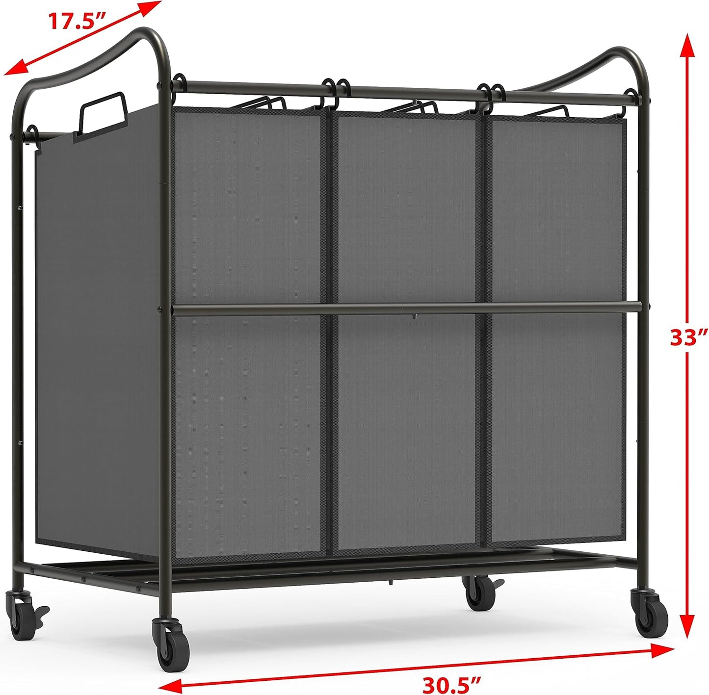 Simple Houseware Heavy Duty 3-Bag Laundry Sorter Rolling Cart, Dark Grey – Durable Triple Laundry Hamper with Removable Bags and Lockable Wheels for Efficient Laundry Organization