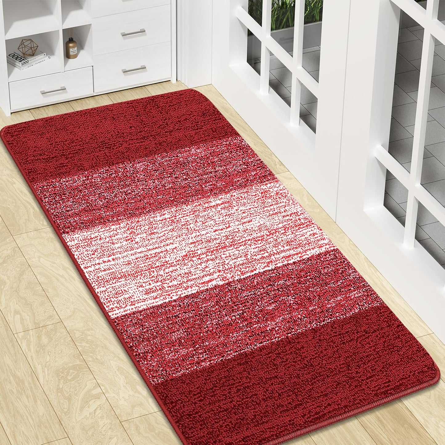 Kitinjoy Indoor Outdoor Door Mat, 47x20 Non-Slip Absorbent Dirt Trapper, Low-Profile Washable Inside Entrance Front Floor Mat, Sturdy Soft Entry Doormats for Entryway, Burgundy