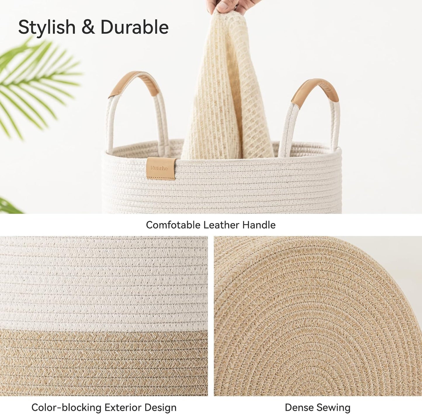 95L Striped Laundry Hamper with Leather Handles,Large Foldable Laundry Basket for Clothes,Cotton Rope Storage Bin for Blankets,Woven Clothes Basket for Bedroom,Beige Stripes