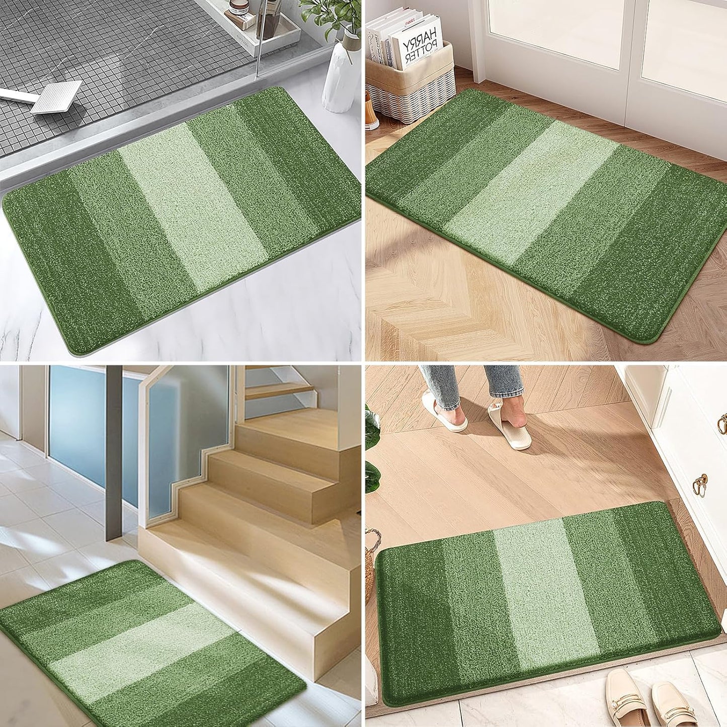 Kitinjoy Indoor Outdoor Door Mat, 47x20 Non-Slip Absorbent Dirt Trapper, Low-Profile Washable Inside Entrance Front Floor Mat, Sturdy Soft Entry Doormats for Entryway, Green