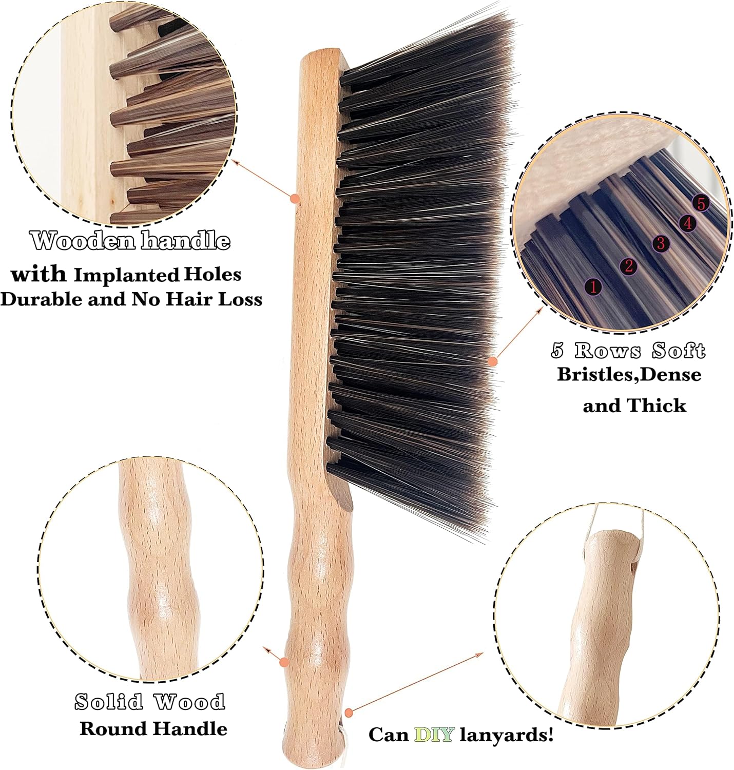 2Pcs Hand Broom Brush Beech Wood,Dust Brush,Duster for Counter,12inch Foxtail Bench Brush, Round Handle Handheld Brushes,5 Rows Soft Bristles for Bed,Shop Table,Woodworking Cleaning,Car,Sofa