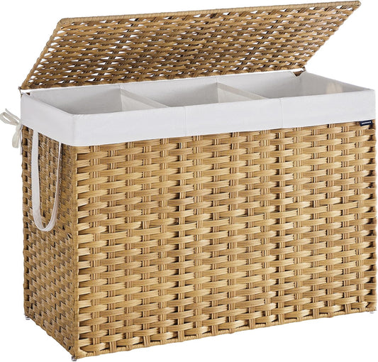 SONGMICS Laundry Hamper with Lid, 52.8 Gallon (200 L) Synthetic Rattan Clothes Laundry Basket with Lid and Handles, Foldable, Removable Liner, Goose Yellow ULCB320Y01