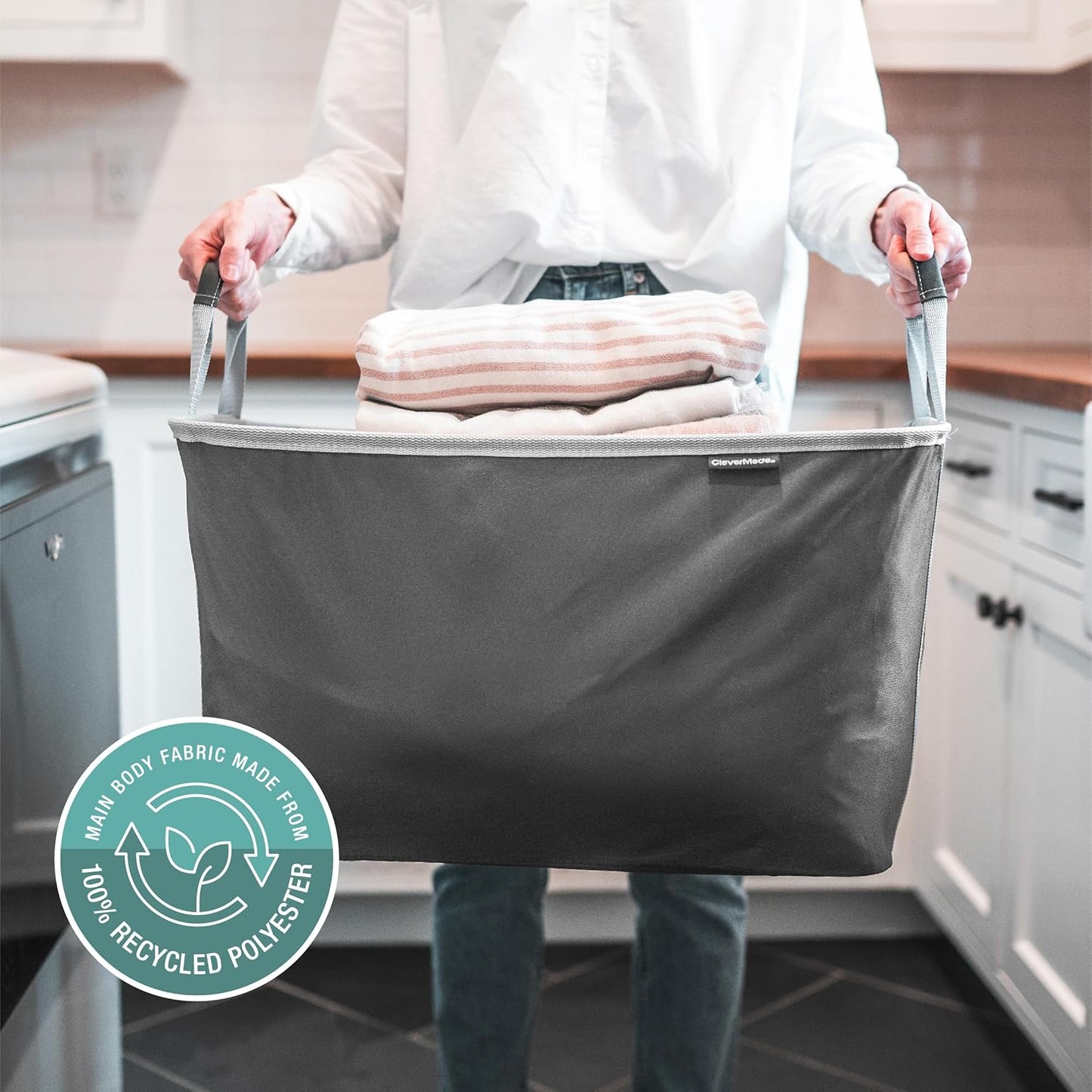 CleverMade Collapsible Laundry Basket Hamper - Denim Shadow Gray 2-Pack 60L - Space Saving Storage Organizer with Handles Foldable Home Organization