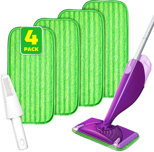 4 Pack Reusable Microfiber Mop Pads, Compatible with Wet Jet, Machine Washable Cloths, Scraper Included, Refills for All Floor Cleaning, Wet Dry - 10"- 12"