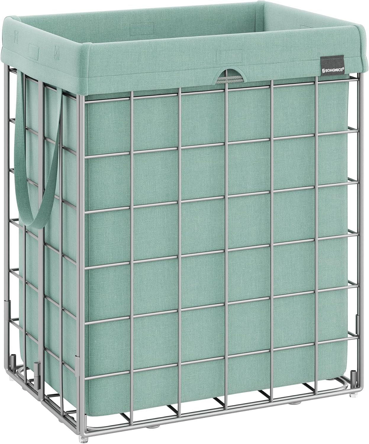 SONGMICS Laundry Hamper, 23.8 Gal. (90L) Laundry Basket, Collapsible Clothes Hamper, Removable and Washable Liner, Metal Wire Frame, for Bedroom Bathroom, Silver and Mint Green ULCB190C01