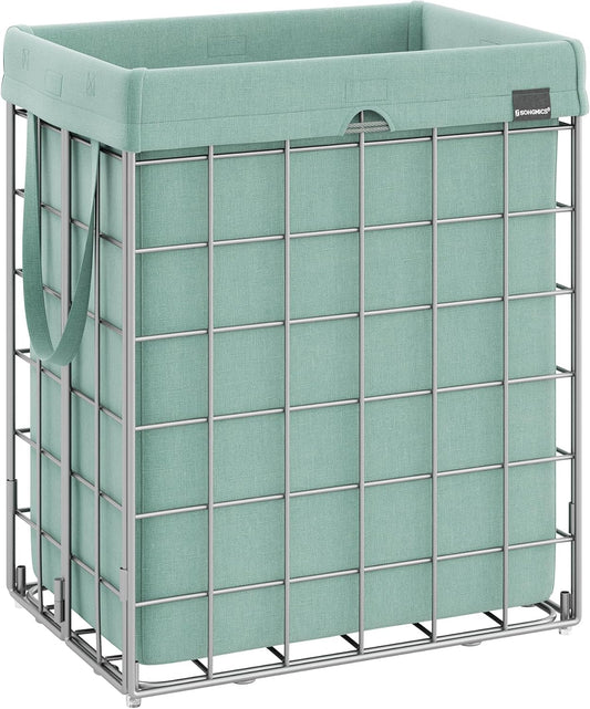 SONGMICS Laundry Hamper, 23.8 Gal. (90L) Laundry Basket, Collapsible Clothes Hamper, Removable and Washable Liner, Metal Wire Frame, for Bedroom Bathroom, Silver and Mint Green ULCB190C01