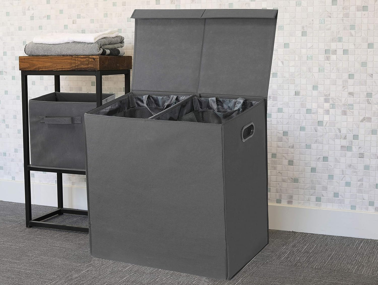 Simple Houseware Double Laundry Hamper with Lid and Removable Laundry Bags, Dark Grey