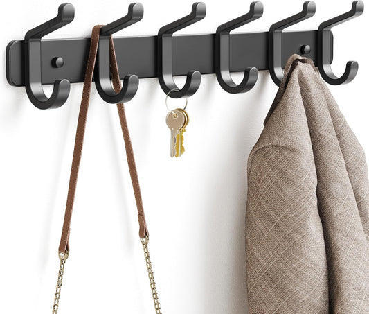 Coat Rack Wall Mounted Heavy-Duty: Metal Coat Hanger 6 Hooks for Hanging Hat, Clothes, Robe, Keys, Backpack, Bathroom Towels, Jacket, Purse - Closet, Door, Entryway, Mudroom (Black, 1 Pack)