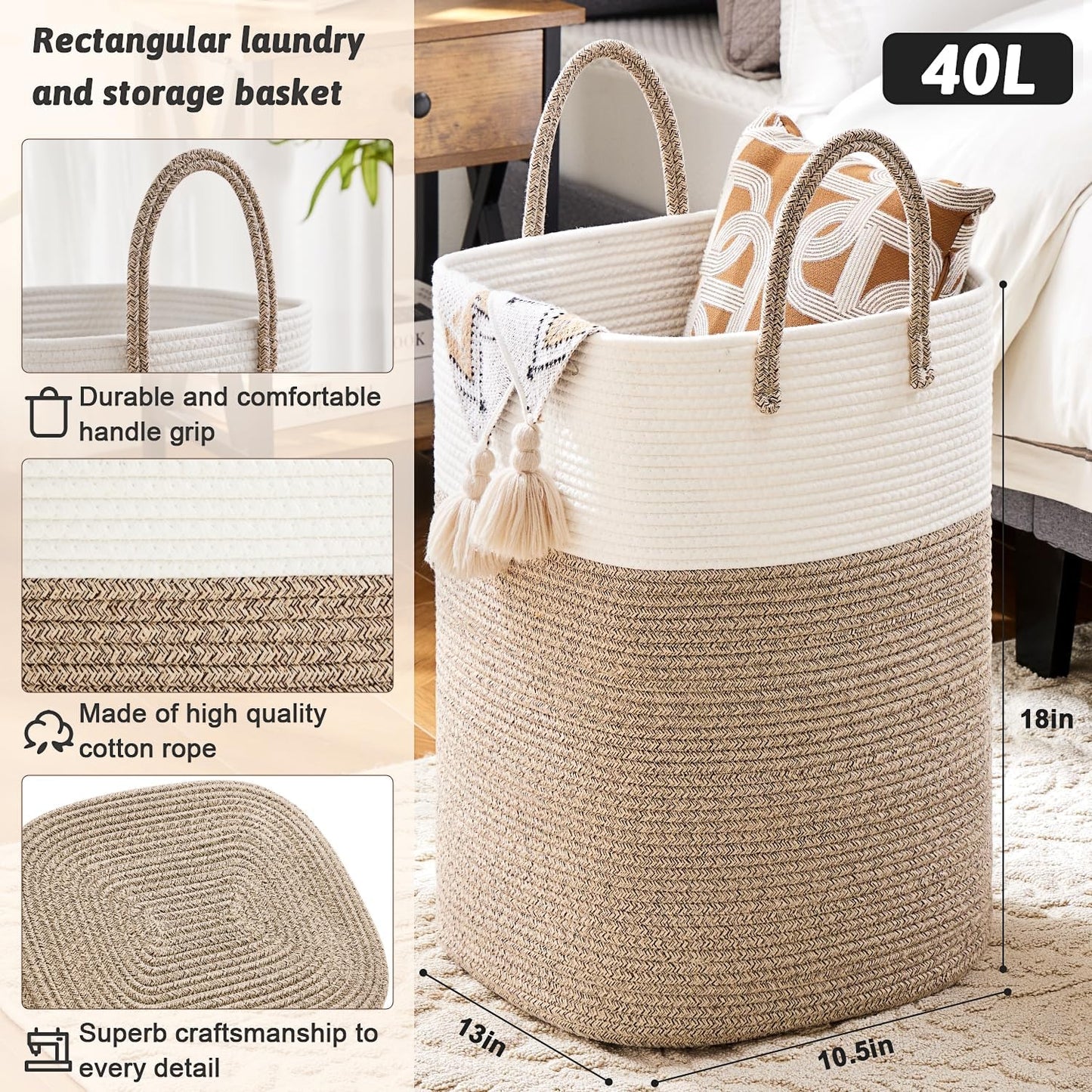 Laundry Basket,Woven Cotton Rope Laundry Hamper,Versatile Storage for Dirty Clothes,Baby Toys,and Blankets in Bathroom, Nursery,and Living Room (Brown, 40L)