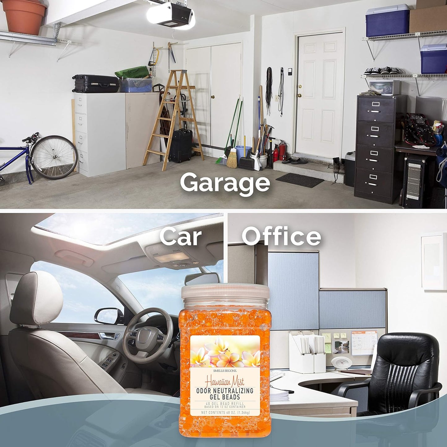 SMELLS BEGONE 48 oz Odor Eliminator Gel Bead Refill - Eliminates Odors from Bathrooms, Cars, Boats, RVs & Pet Areas - Air Freshener - Made with Essential Oils - Hawaiian Mist Scent