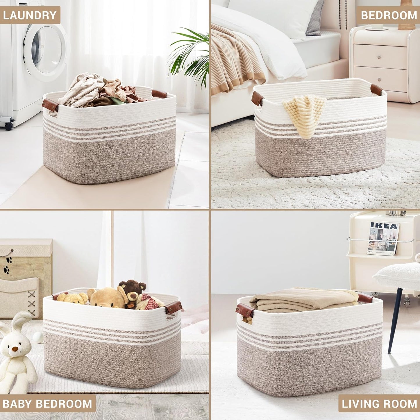 86L Extra Large Laundry Basket with Leather Handles for Living Room Storage, Woven Rope Baskets for Blanket, Kids Toy, Gifts, Wicker Hamper for Bedroom Dirty Clothes, 24"x16"x14" White Brown