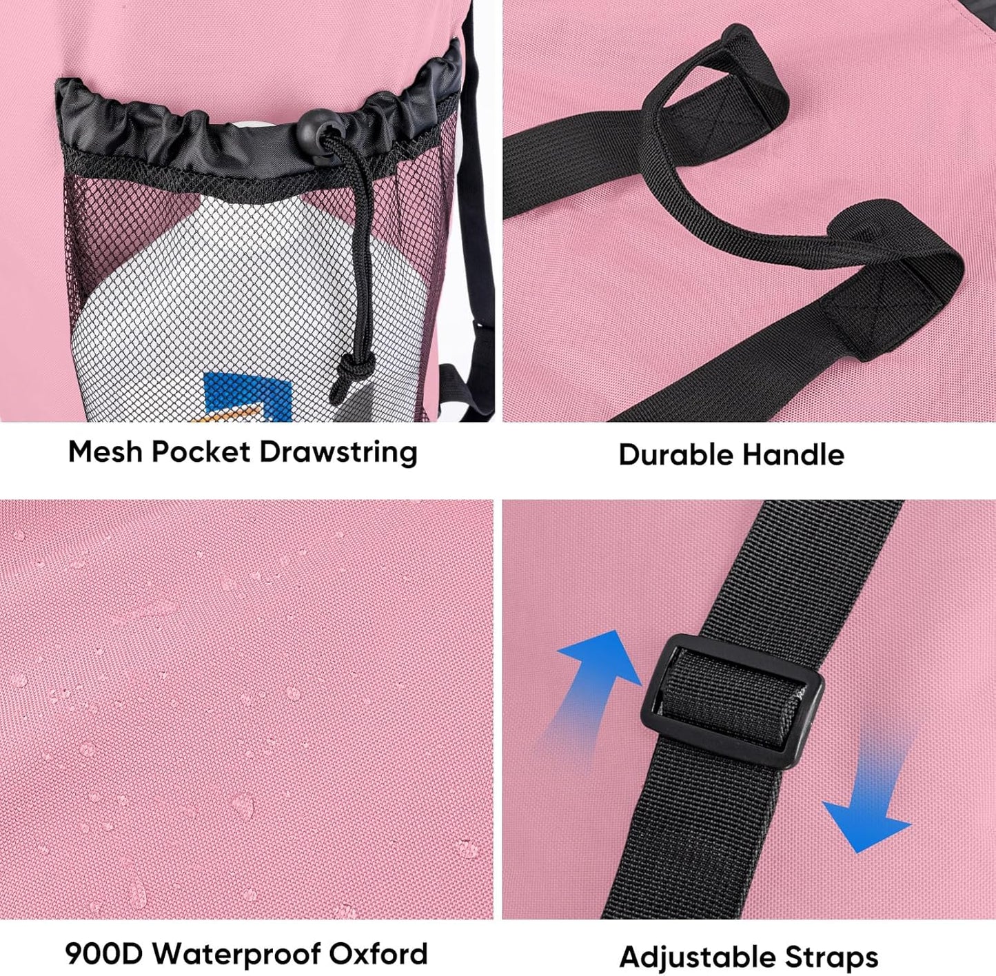 BALEINE 150L Laundry Bag Backpack, 900D Oxford Fabric Large Travel Laundry Bags with Shoulder Straps and 2 Mesh Pockets for College Dorm, Apartment, Laundromat (Pink, 150L)