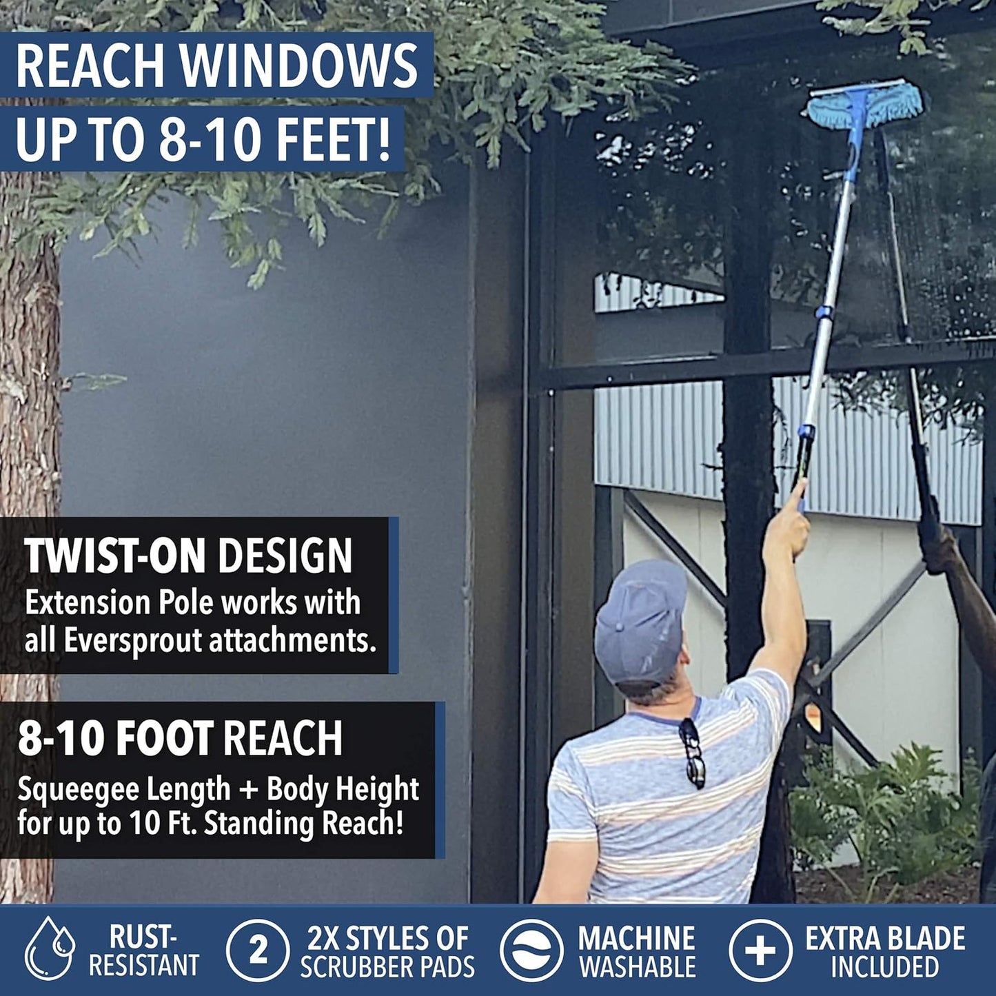 EVERSPROUT 1.5-to-3 Foot Swivel Squeegee and Microfiber Window Scrubber (8-10 Ft Standing Reach) | 2-in-1 Window & Glass Cleaning Combo | Lightweight, Aluminum Extension Pole | Includes 10-inch Blades