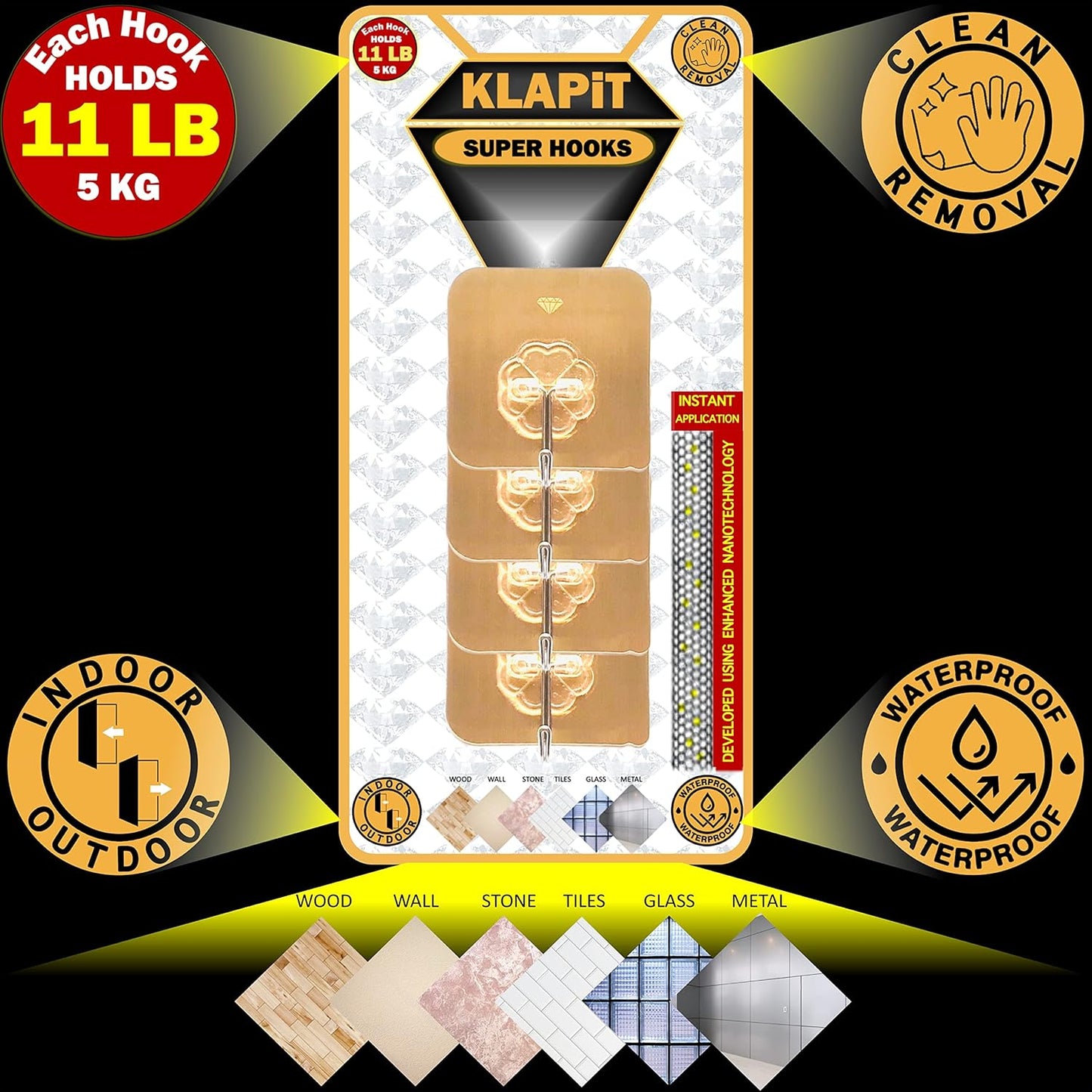 KLAPiT Super Hook - Heavy-Duty Adhesive Gold Wall Hooks, Holds Up to 11 lbs, Waterproof, No Damage, Easy Install on Tile, Wood, Stone, Glass & Metal - Made of Steel (Gold, 16pc)