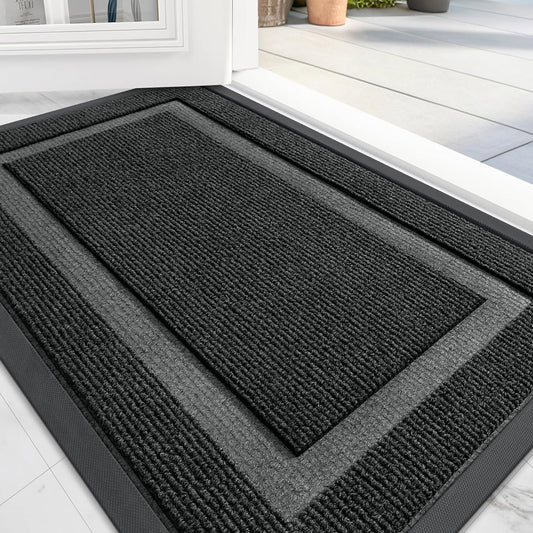 OLANLY Front Door Mat Indoor Outdoor Entrance, Waterproof All-Season, All-Weather Doormat, Sturdy Natural Rubber, Fade Resistant, Low Profile, Easy Clean Patio Porch Entryway Mat, 47x17, Black