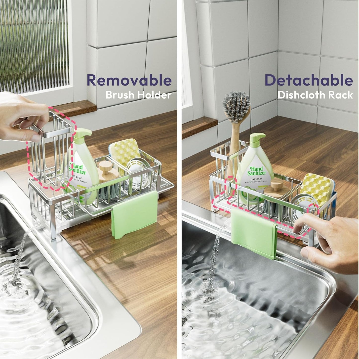 SWTYMIKI Sponge Holder for Kitchen Sink - Sink Caddy with Brush Holder Self-draining Sponge Caddy Organizer with Divider Stainless Steel Kitchen Accessories Storage for Countertop, Silver