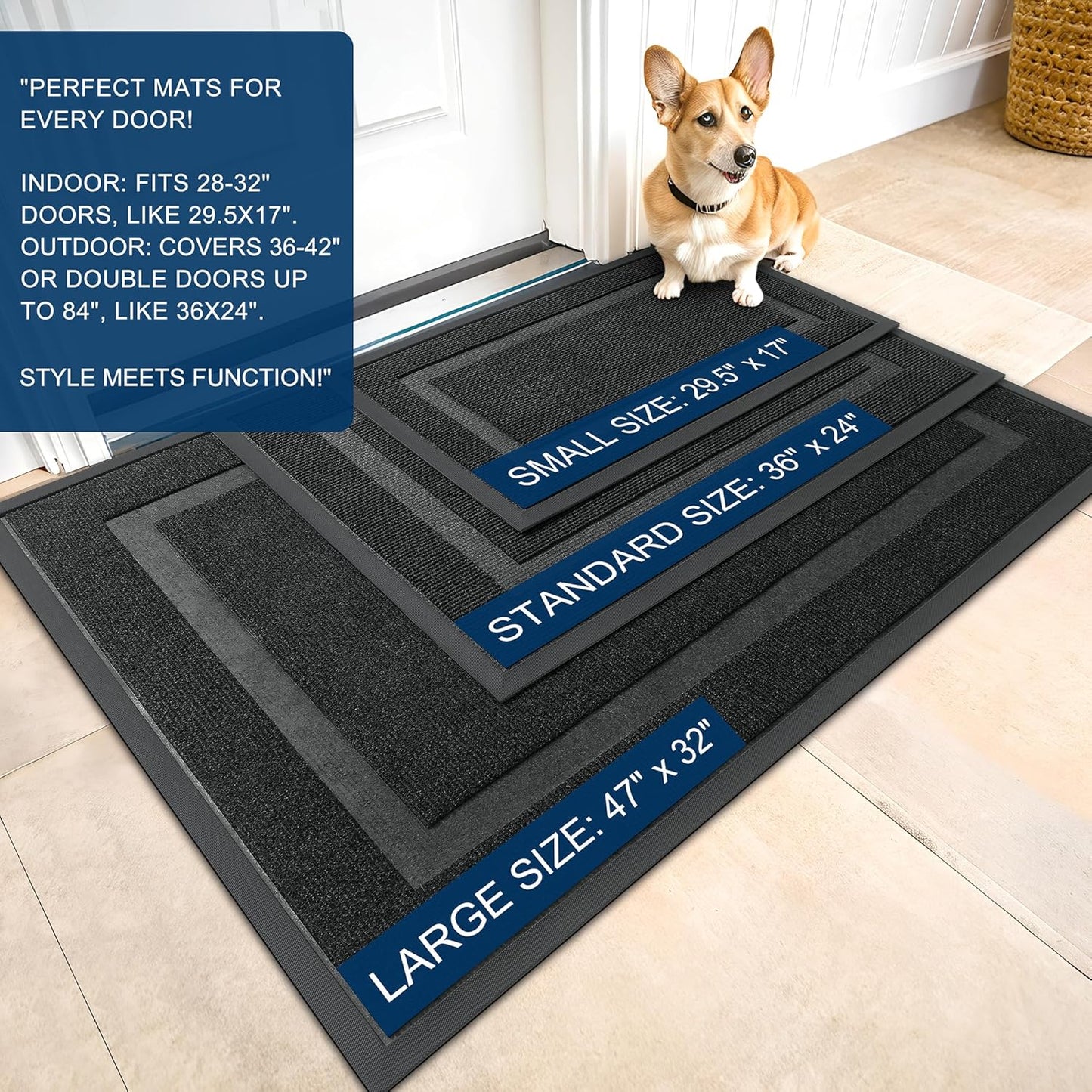 OLANLY Front Door Mat Indoor Outdoor Entrance, Waterproof All-Season, All-Weather Doormat, Sturdy Natural Rubber, Fade Resistant, Low Profile, Easy Clean Patio Porch Entryway Mat, 59x30, Black