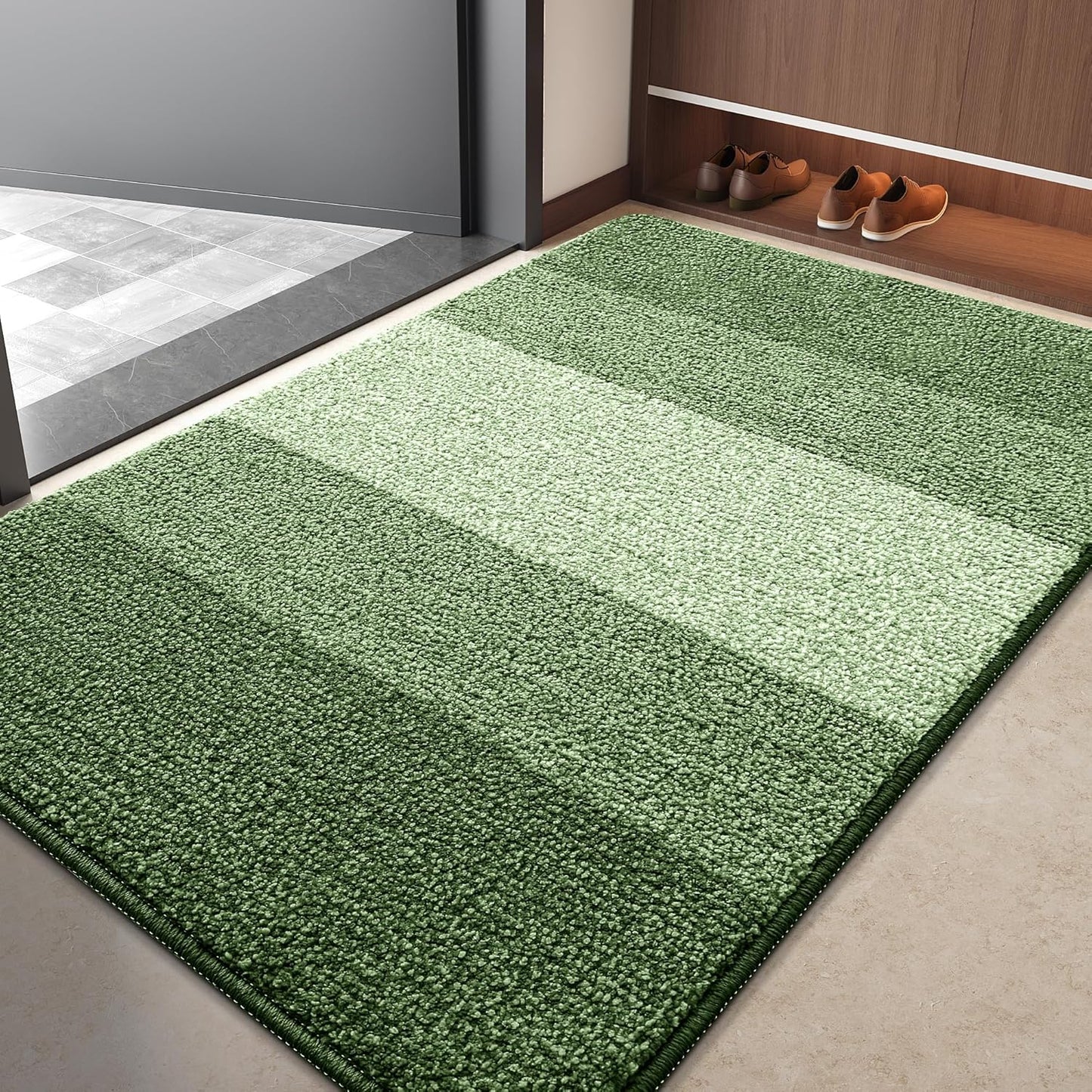 Kitinjoy Indoor Outdoor Door Mat, 40x32 Non-Slip Absorbent Dirt Trapper, Low-Profile Washable Inside Entrance Front Floor Mat, Sturdy Soft Entry Doormats for Entryway, Green
