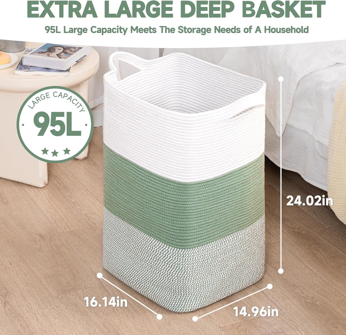 CLHMILY&Z 95L Laundry Basket Rectangular Green Rope - 16x15x24 Inches - Dirty Clothes and Soft Storage Bin for Blankets, Toys, and Nursery Essentials
