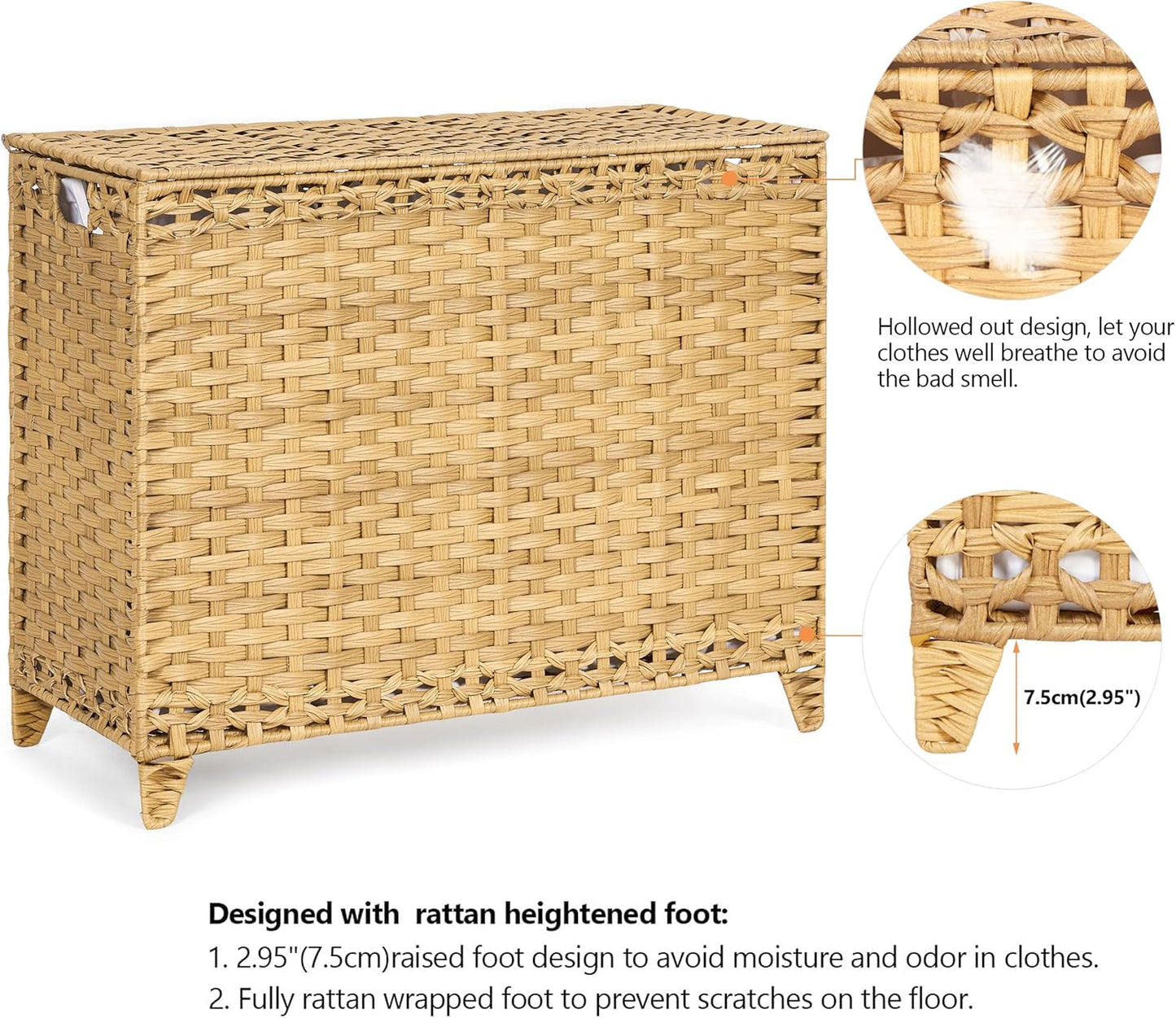 Laundry Hamper with 4 Removable Liner Bags; 176L Handwoven Rattan Laundry Basket with Lid & Heightened Feet; Clothes Hamper with Side Handles (Natural)