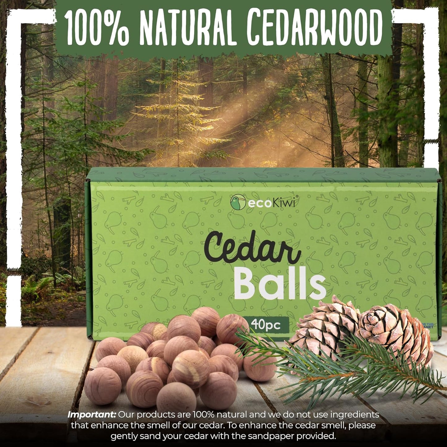 ecoKiwi Cedar Balls for Clothes Storage 40 Pack - 100% Natural Red Cedar Blocks for Clothes Storage - Aromatic Cedar Chips for Closets & Drawers - Cedarwood Oil Planks with Sandpaper & 3 Cotton Bags