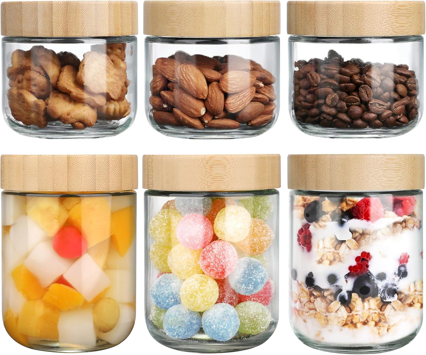 OcePor 6 Pack Glass Jars with Bamboo Lids, Over Night Oats Container with Airtight Lid, Glass Snack Storage Salad Jars For Food, Yogurt, Sugar and Flour,Coffee Bean, Cookie, Cereal