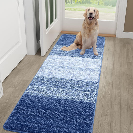 Kitinjoy Indoor Outdoor Door Mat, 48x30 Non-Slip Absorbent Dirt Trapper, Low-Profile Washable Inside Entrance Front Floor Mat, Sturdy Soft Entry Doormats for Entryway, Navy Blue