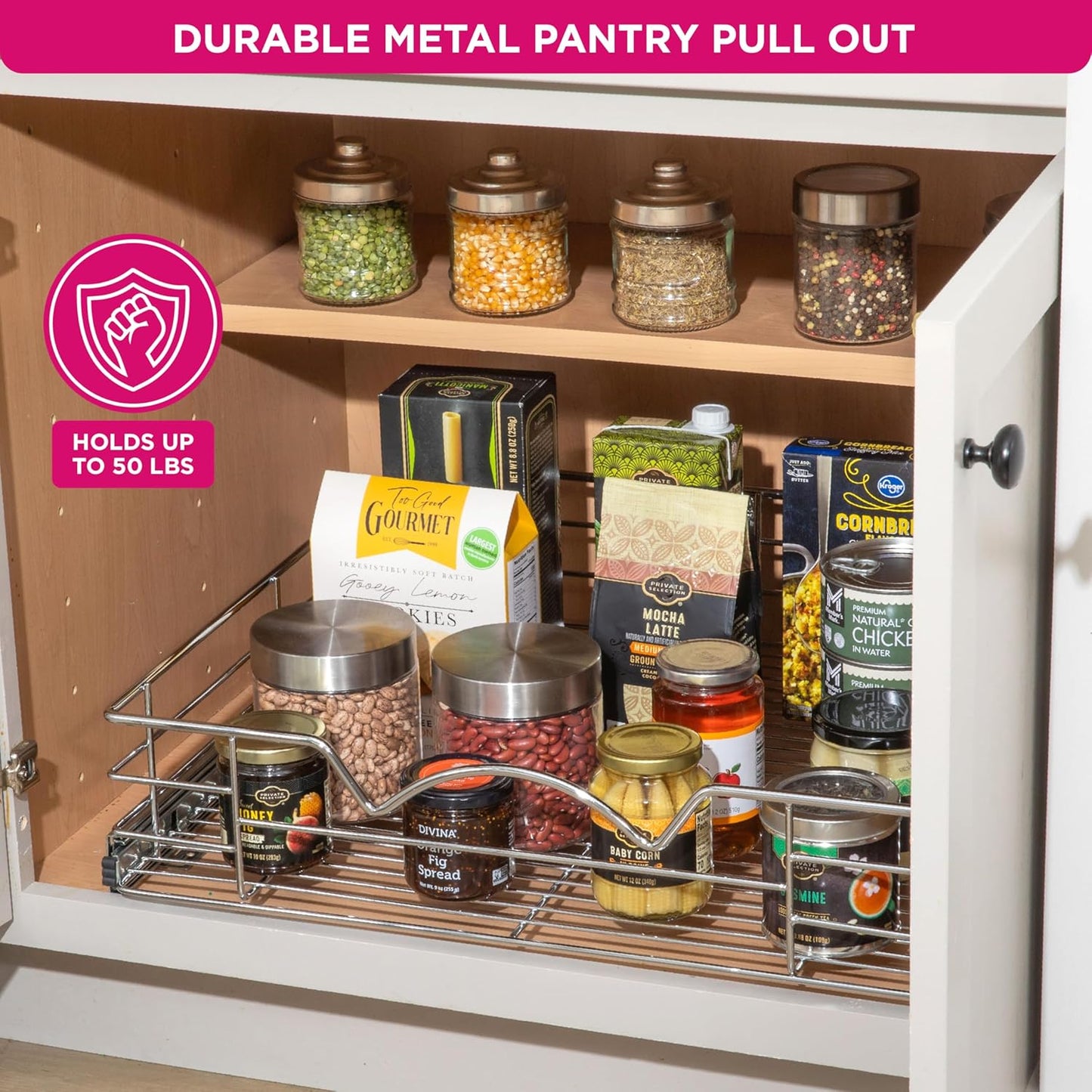 HOLDN’ STORAGE Heavy-Duty Premium Collection Pull Out Cabinet Organizer, Cabinet Drawer Slide Outs, Lifetime Limited Warranty - Basket Size 22" W x 21" D x 5" H, Anti-Rust Chrome Finish