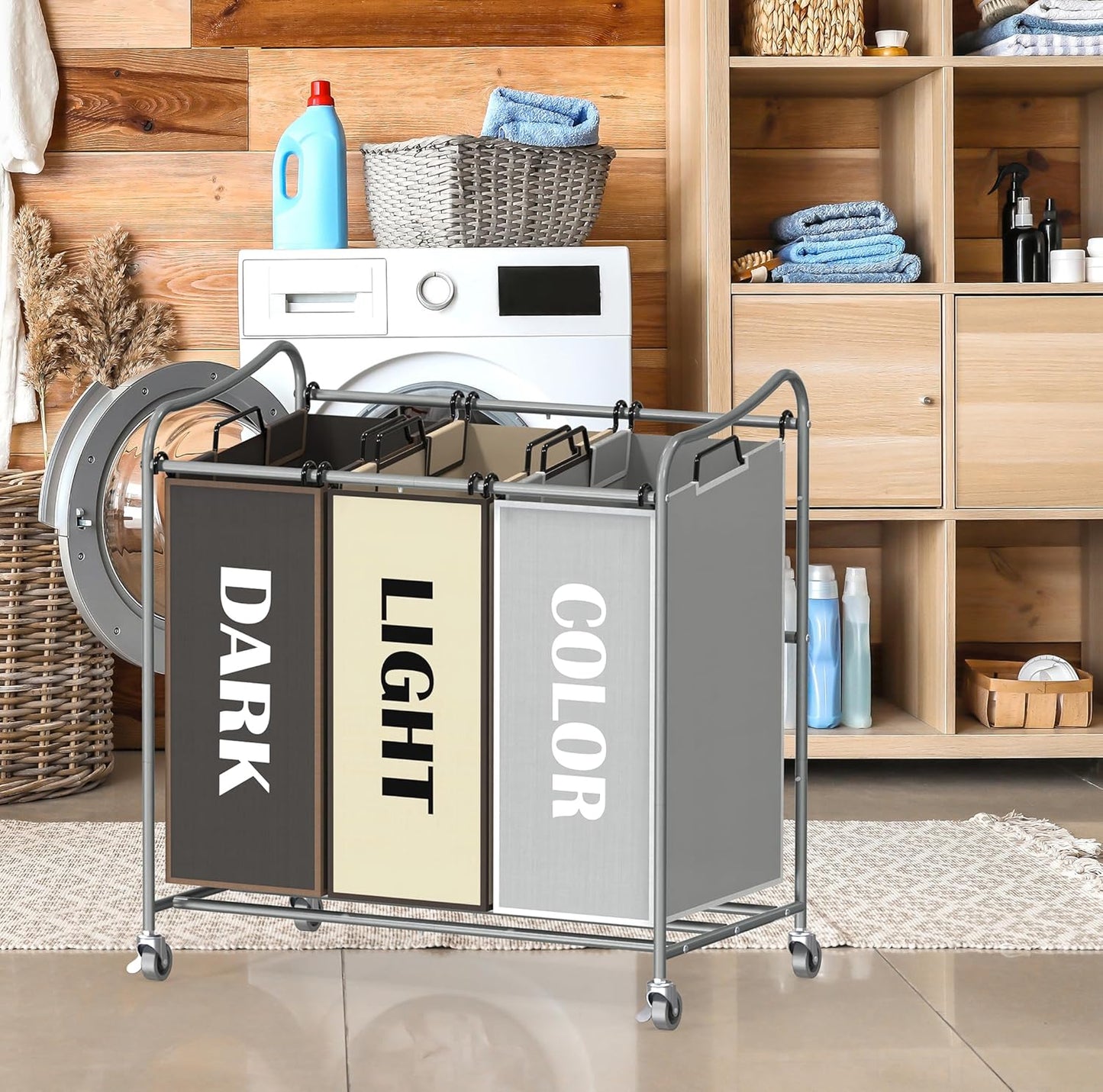 Simple Houseware Heavy Duty 3-Bag Laundry Sorter Rolling Cart, Silver/Assorted – Durable Triple Laundry Hamper with Removable Bags and Lockable Wheels for Laundry Room Organization